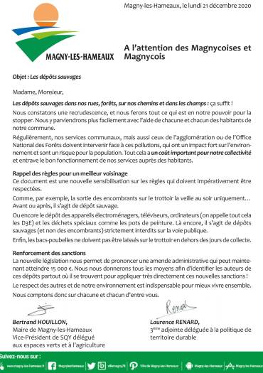 Lettre d'information Dépôts sauvages 21/12/2020